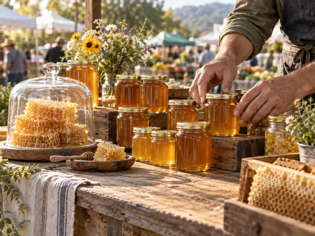 Honey jars and comb pieces arranged on a farmers market table.