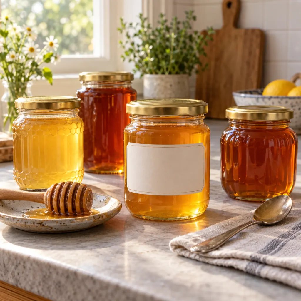 Several glass honey jars with different golden tones on a kitchen counter.
