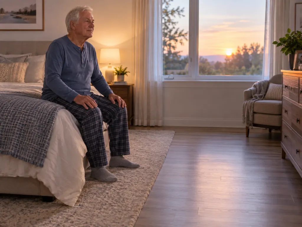 An older adult sits safely at the bedside in a calm morning room.