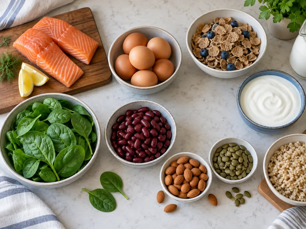 A kitchen counter displays foods that provide vitamin D, B12, and magnesium.