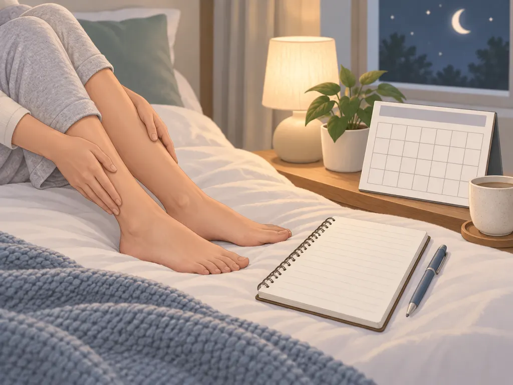 A calm illustration shows legs beside a blank symptom-tracking notebook and calendar.