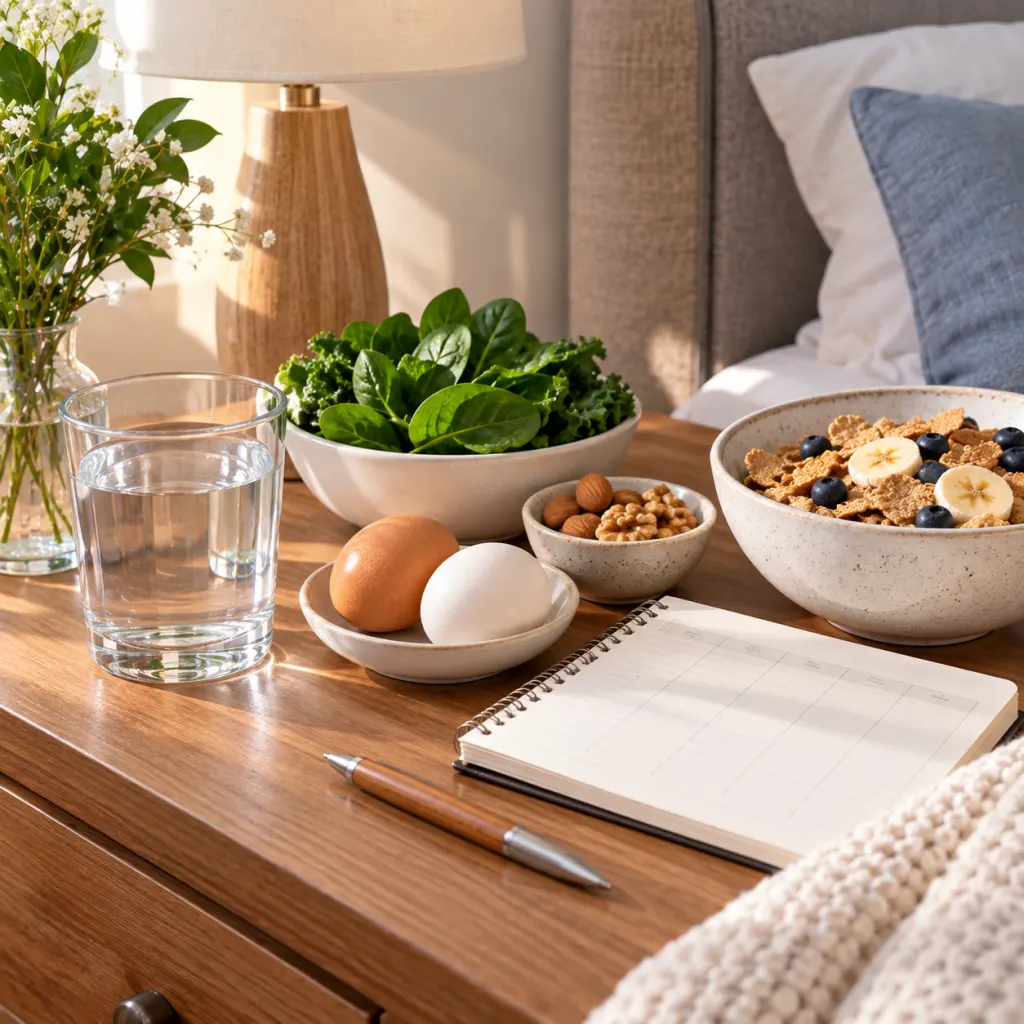 A calm bedside still life with foods linked to vitamin D, B12, and magnesium.