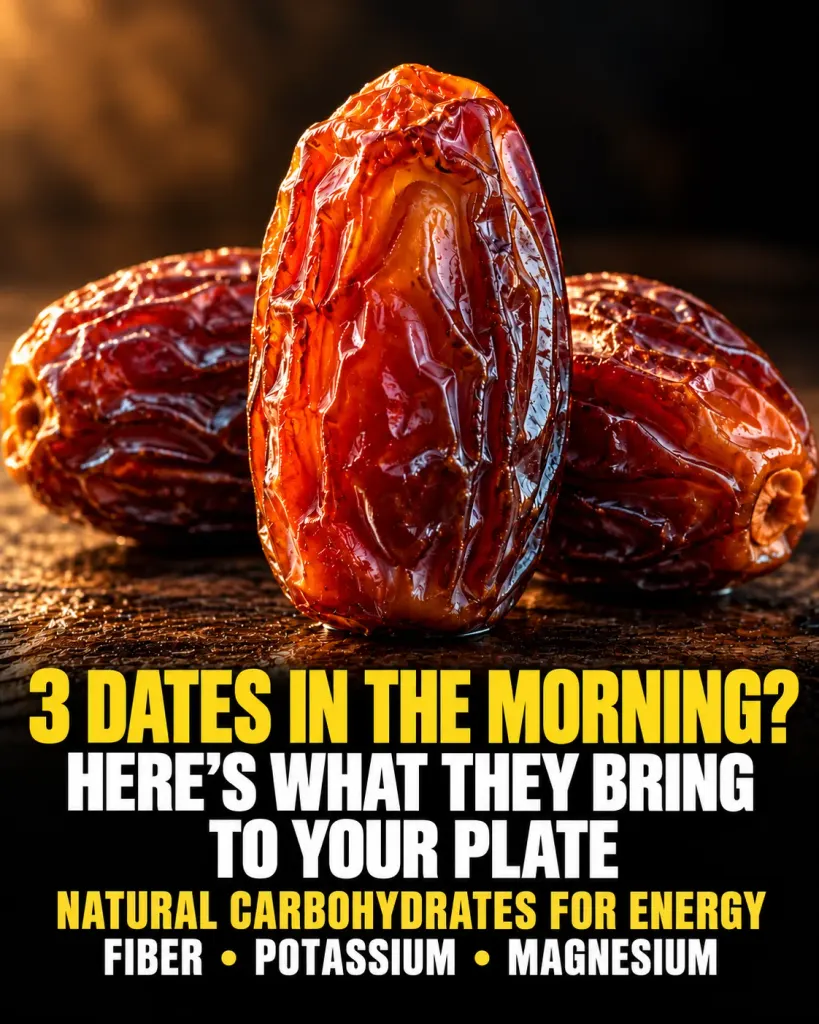 Three Medjool dates with a headline explaining their carbohydrates, fiber, potassium and magnesium