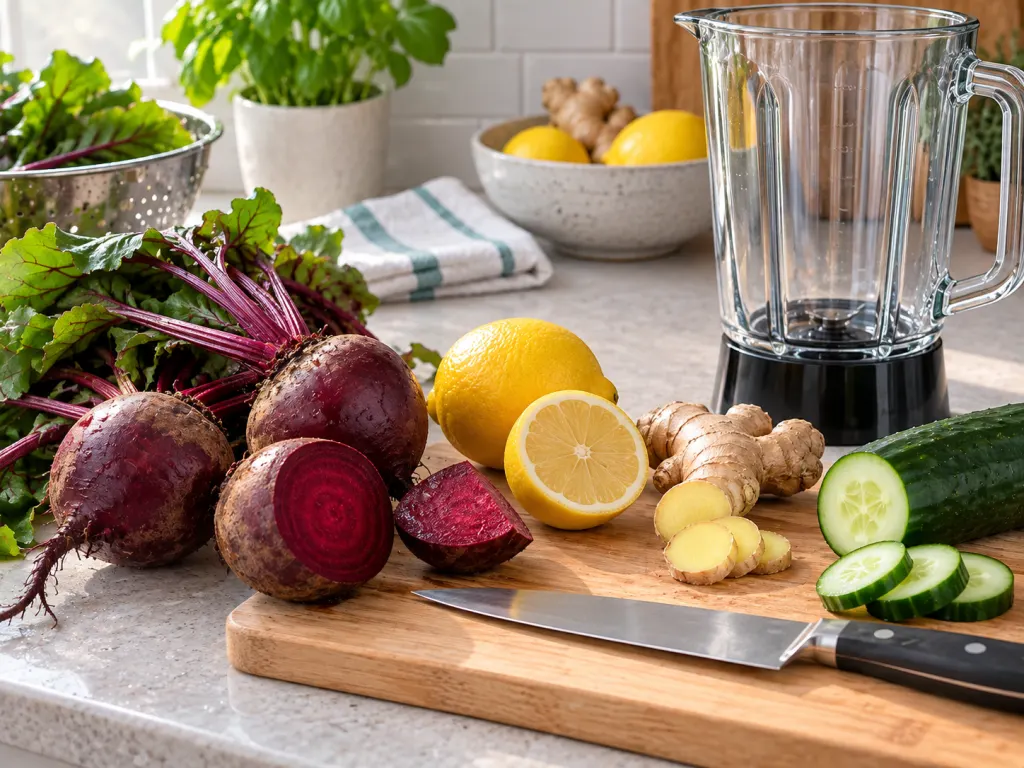 Washed beetroot, lemon, ginger, cucumber, and a blender jar ready for preparation