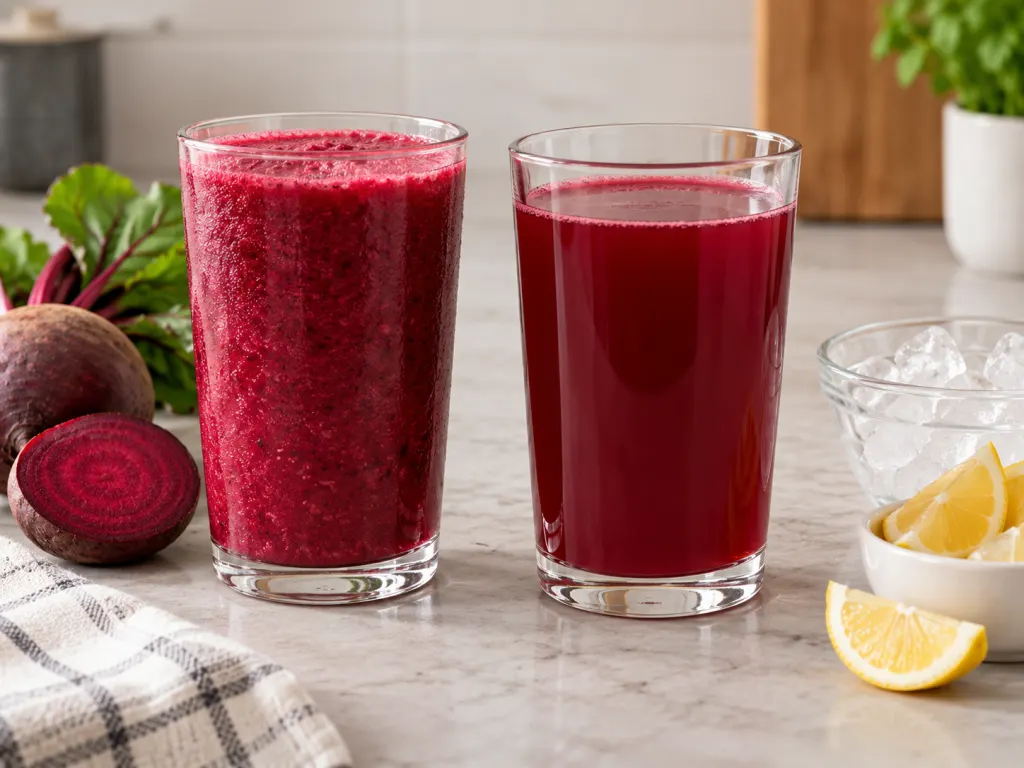 Two glasses of beet drink showing thicker and smoother textures