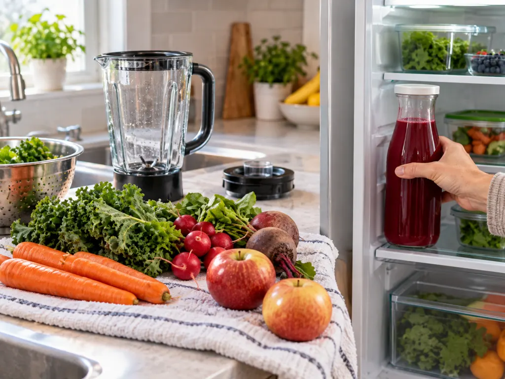 A covered beet drink being refrigerated beside clean washed produce