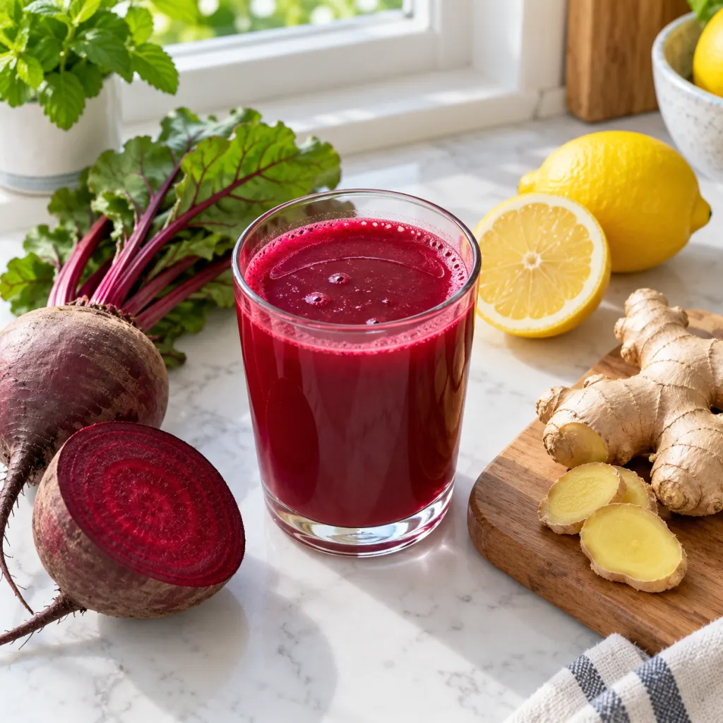 A ruby beet drink beside beetroot, ginger, and lemon on a kitchen counter