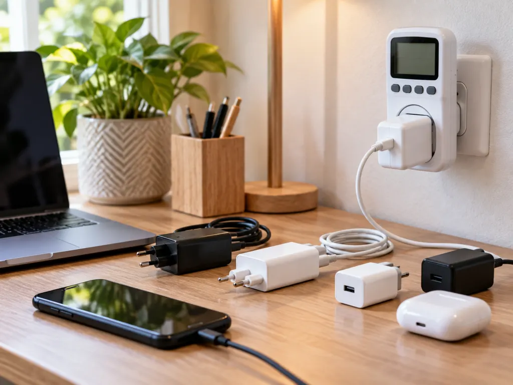 Idle chargers arranged beside a home energy meter on a desk.