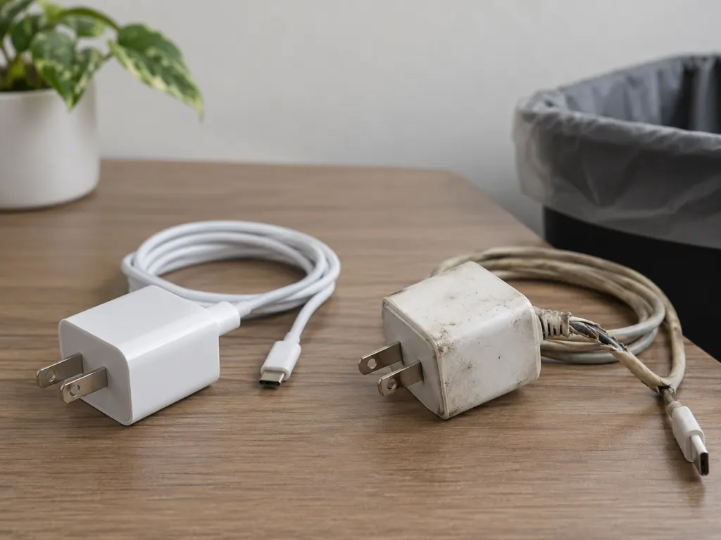 An intact charger and a worn charger cable shown side by side for inspection.