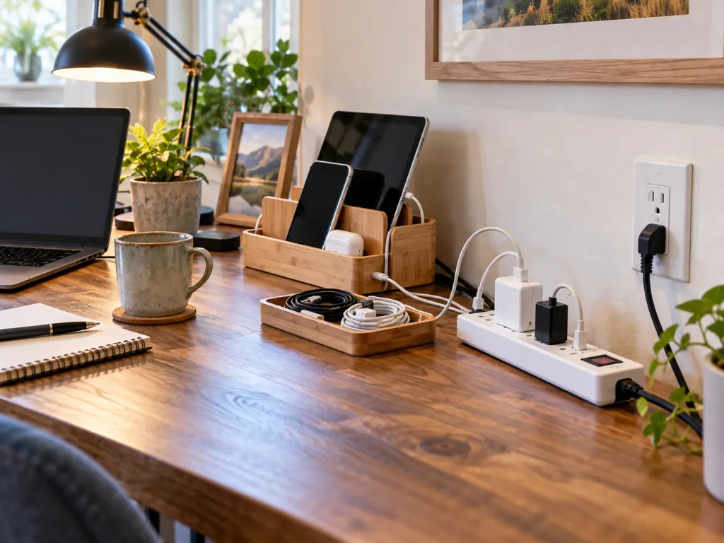 A tidy home charging station with a switchable power strip and organized cables.