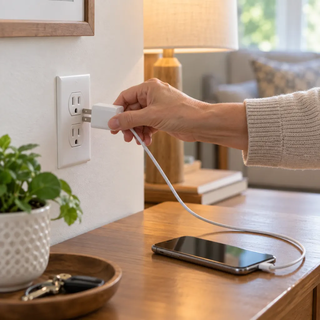 A hand unplugging a phone charger from a clean wall outlet.