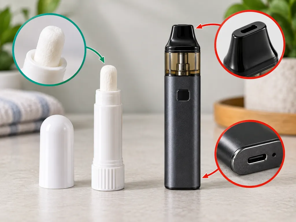 A nasal inhaler and a generic vape-like device shown side by side for comparison.