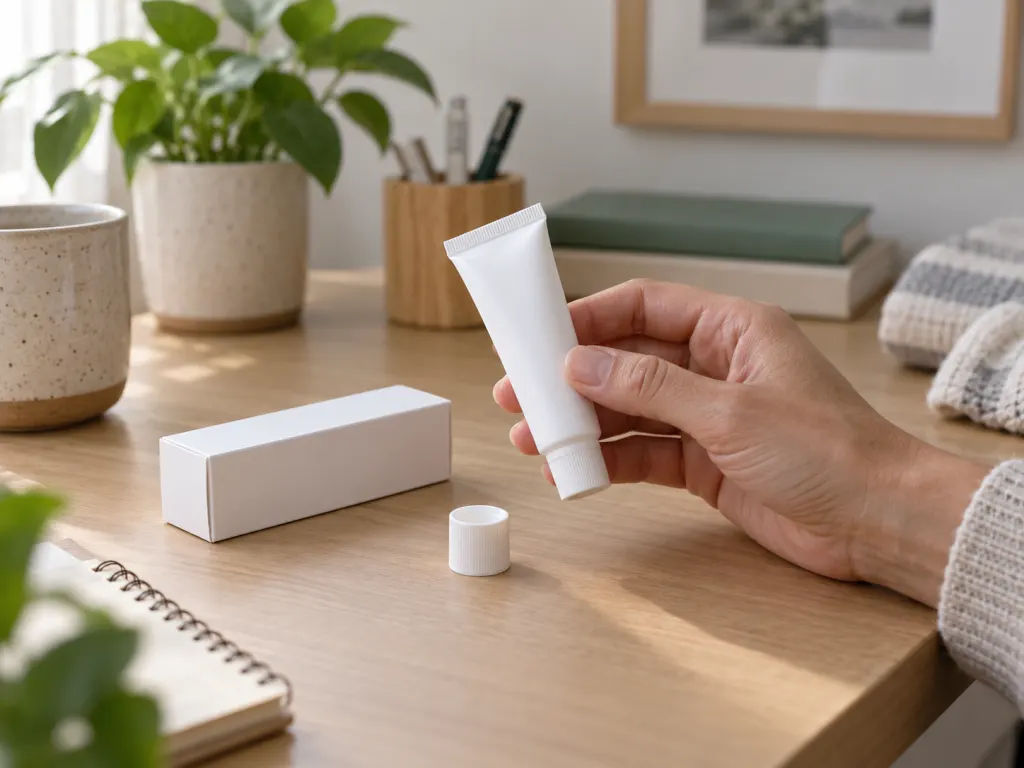 An adult calmly examining a small white tube and its packaging on a desk.
