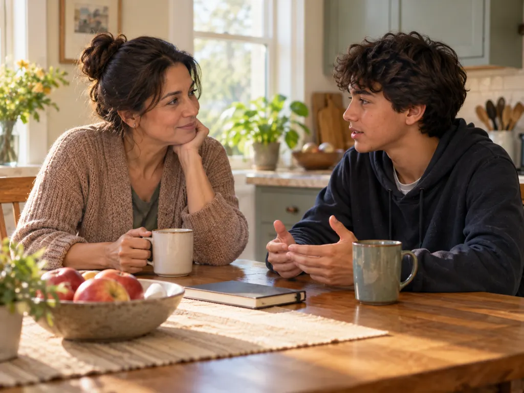 A parent and teenager having a calm conversation at a kitchen table.