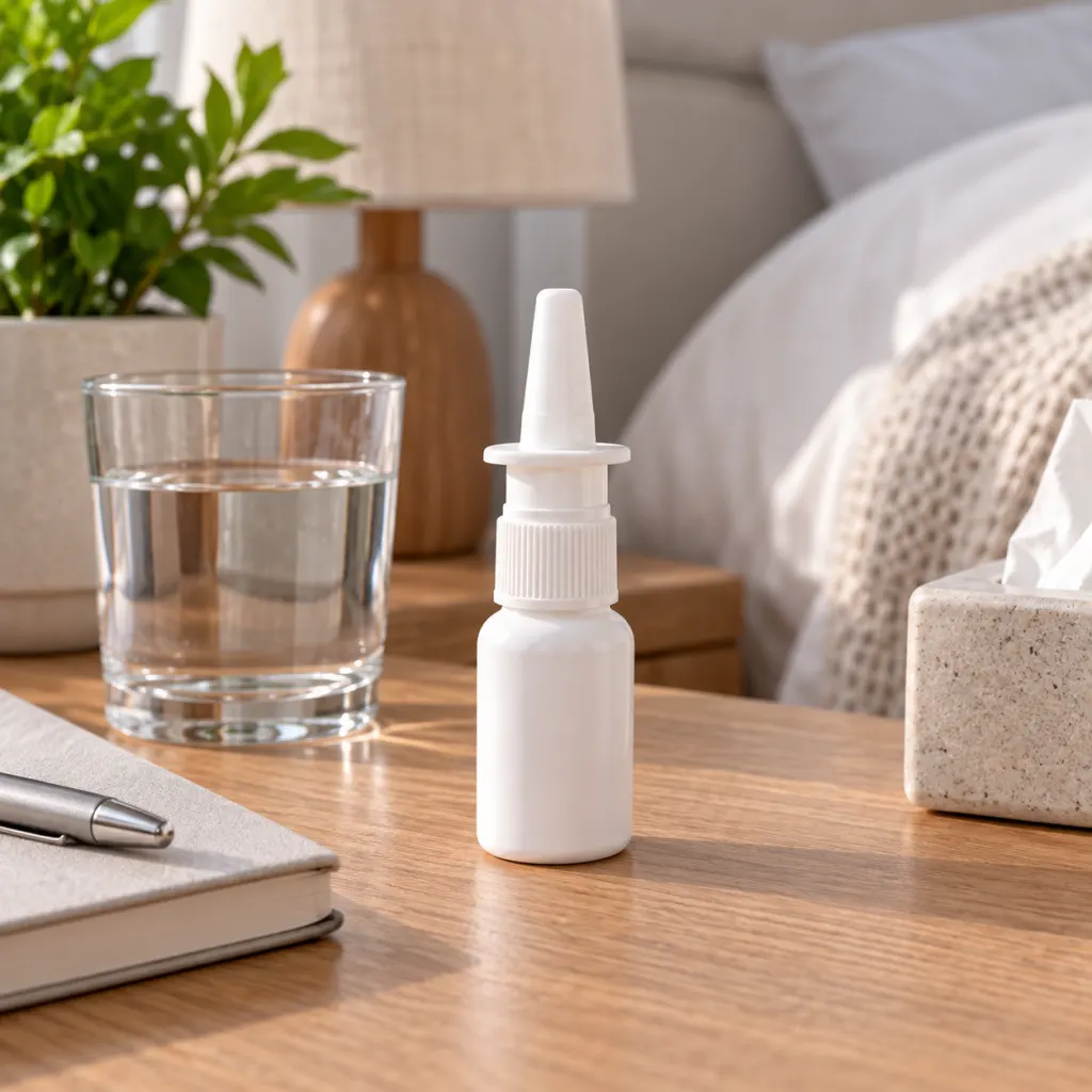 A small white capped nasal inhaler resting on a tidy bedroom desk.