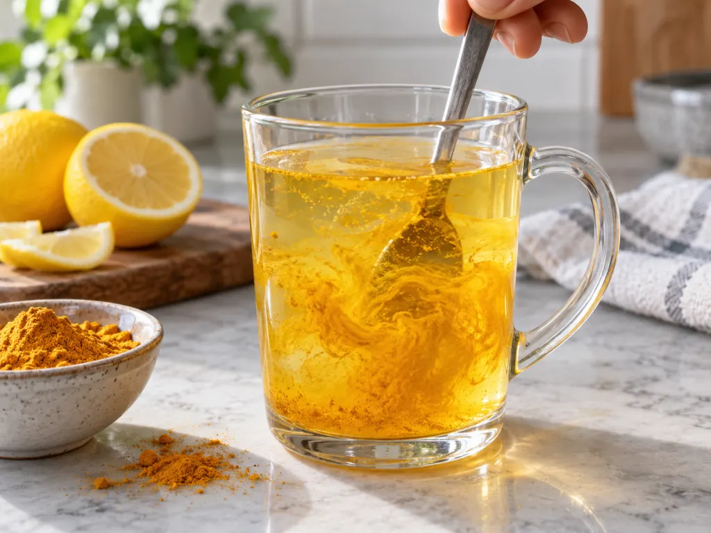 Turmeric powder swirling in warm lemon water as it is stirred.