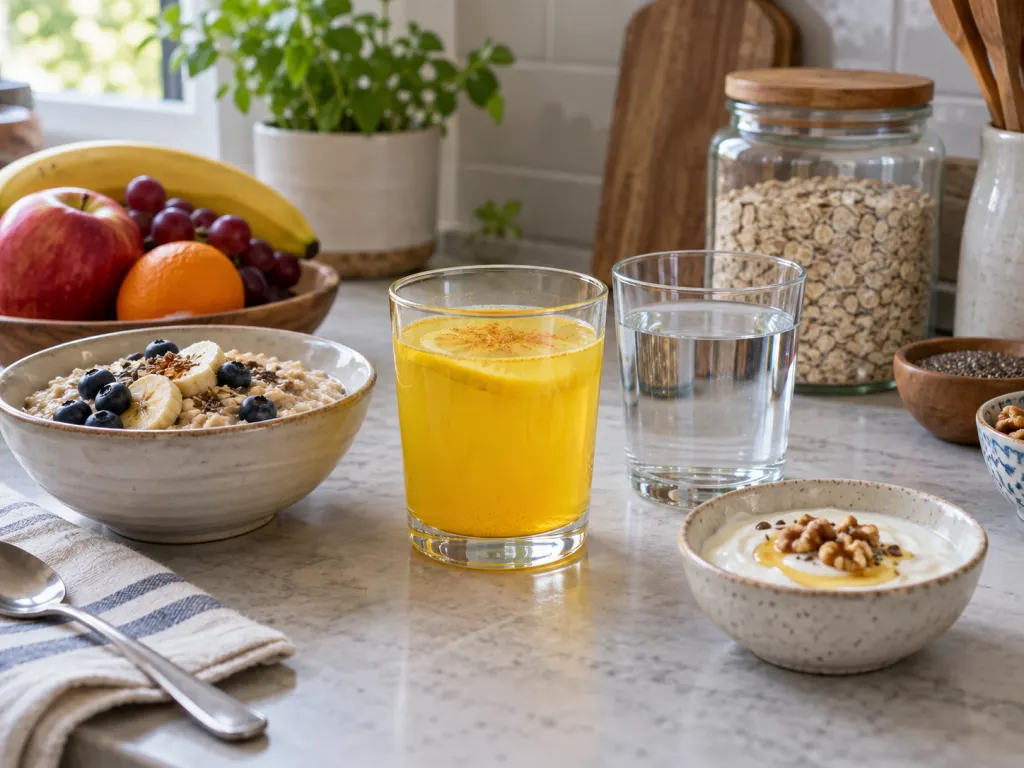 A glass of turmeric lemon water served alongside a simple balanced breakfast.