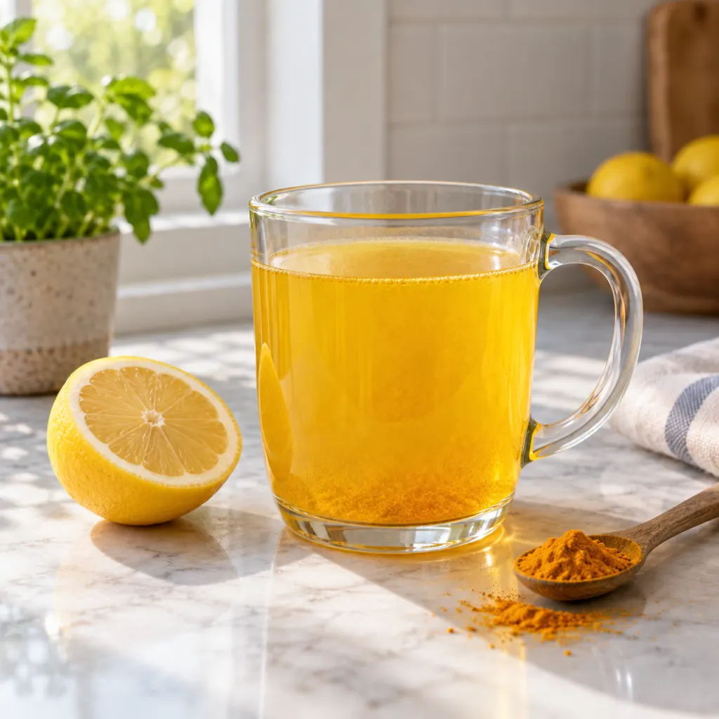 A glass mug of turmeric lemon water beside lemon and turmeric in morning light.
