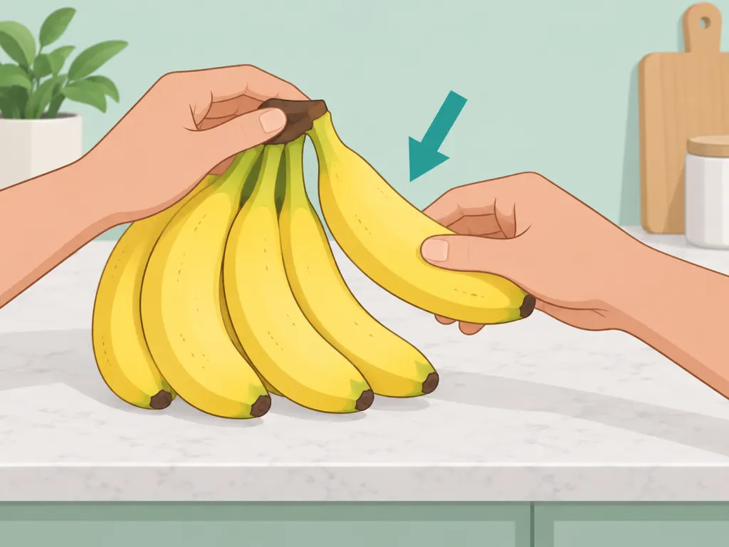 Hands selecting one medium banana from a bunch.