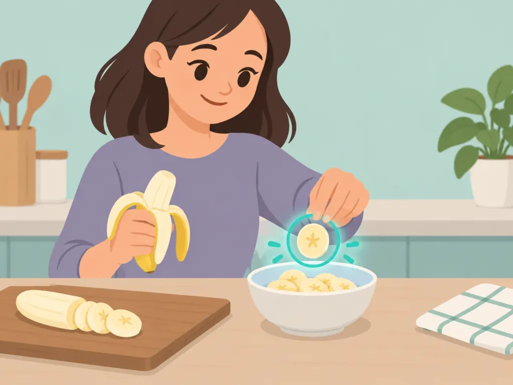 Banana slices added to a small bowl as an evening snack.