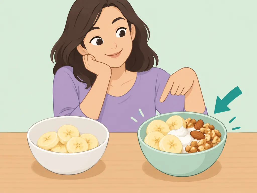 Banana slices paired with yogurt and nuts for fullness.