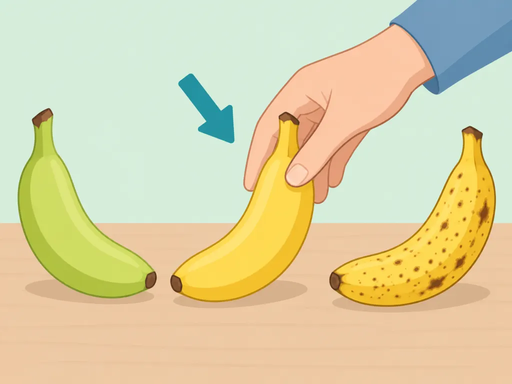 Hand choosing a banana based on ripeness.