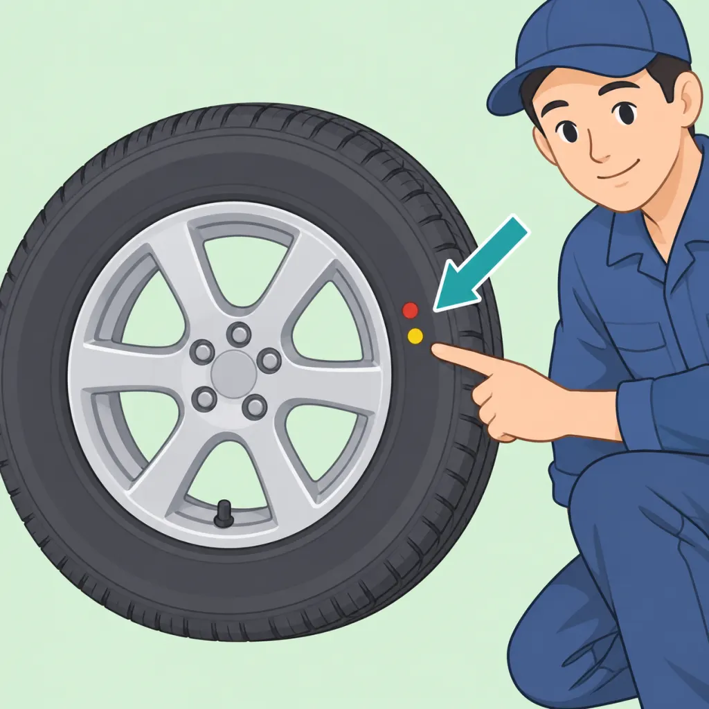 Illustration of a technician pointing to red and yellow paint dots on a new tire sidewall.