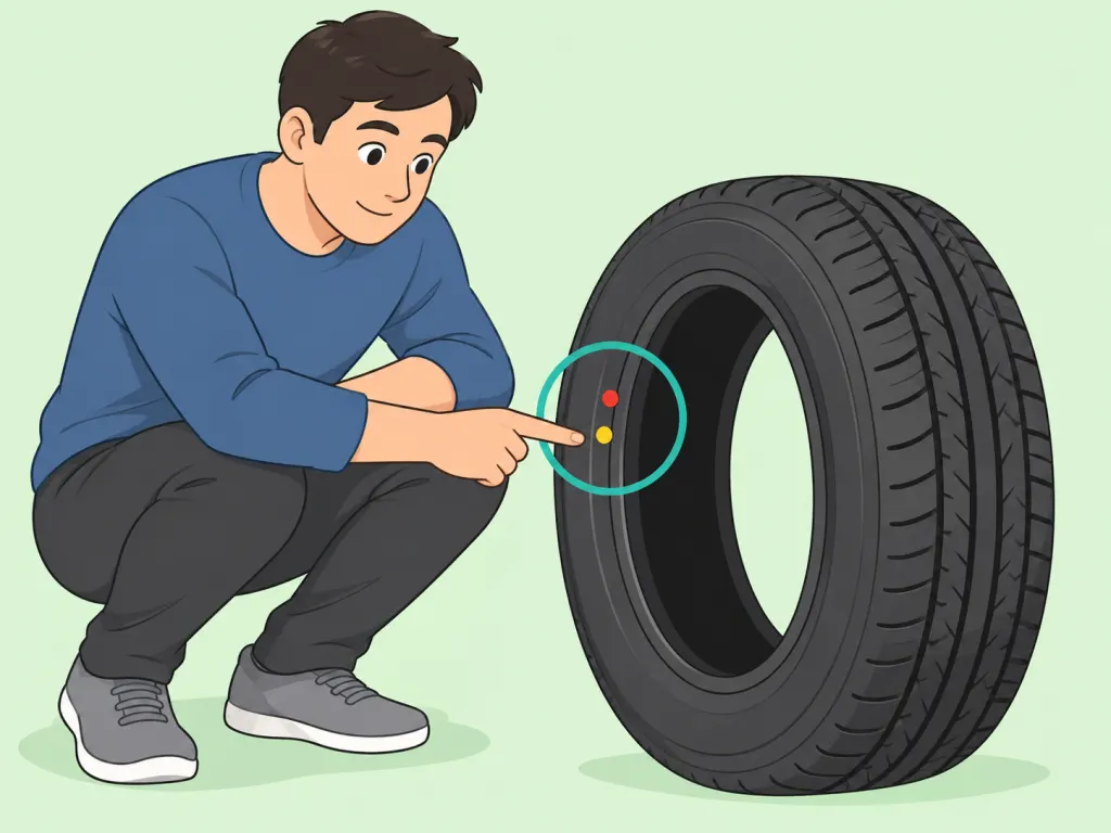 Person finding red and yellow paint dots on the outer sidewall of a new tire.