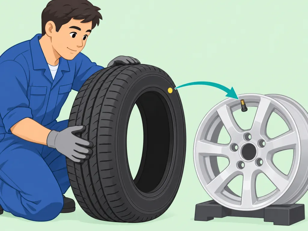 Technician treating a yellow tire dot as a mounting clue near the valve stem.
