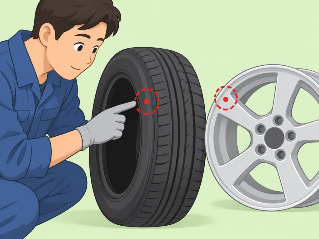 Technician comparing a red tire dot with a matching mark on a wheel.