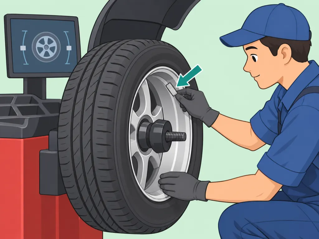 Technician balancing a tire and wheel assembly after mounting.
