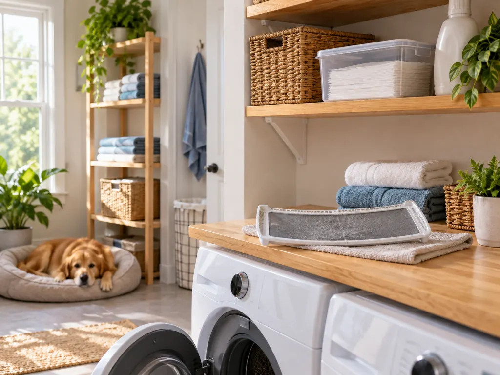 Laundry supplies are stored high while a pet stays away from the work area.
