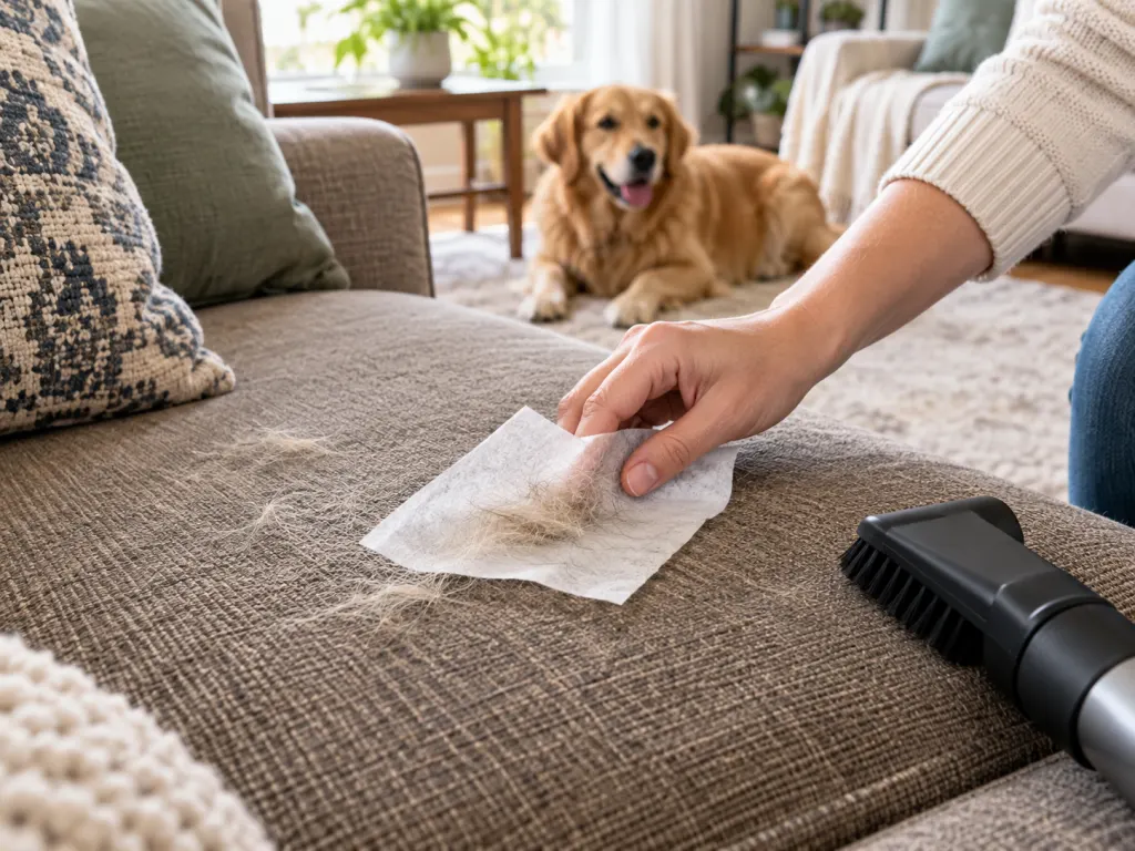 A used dryer sheet gathers loose pet hair from a sofa cushion.