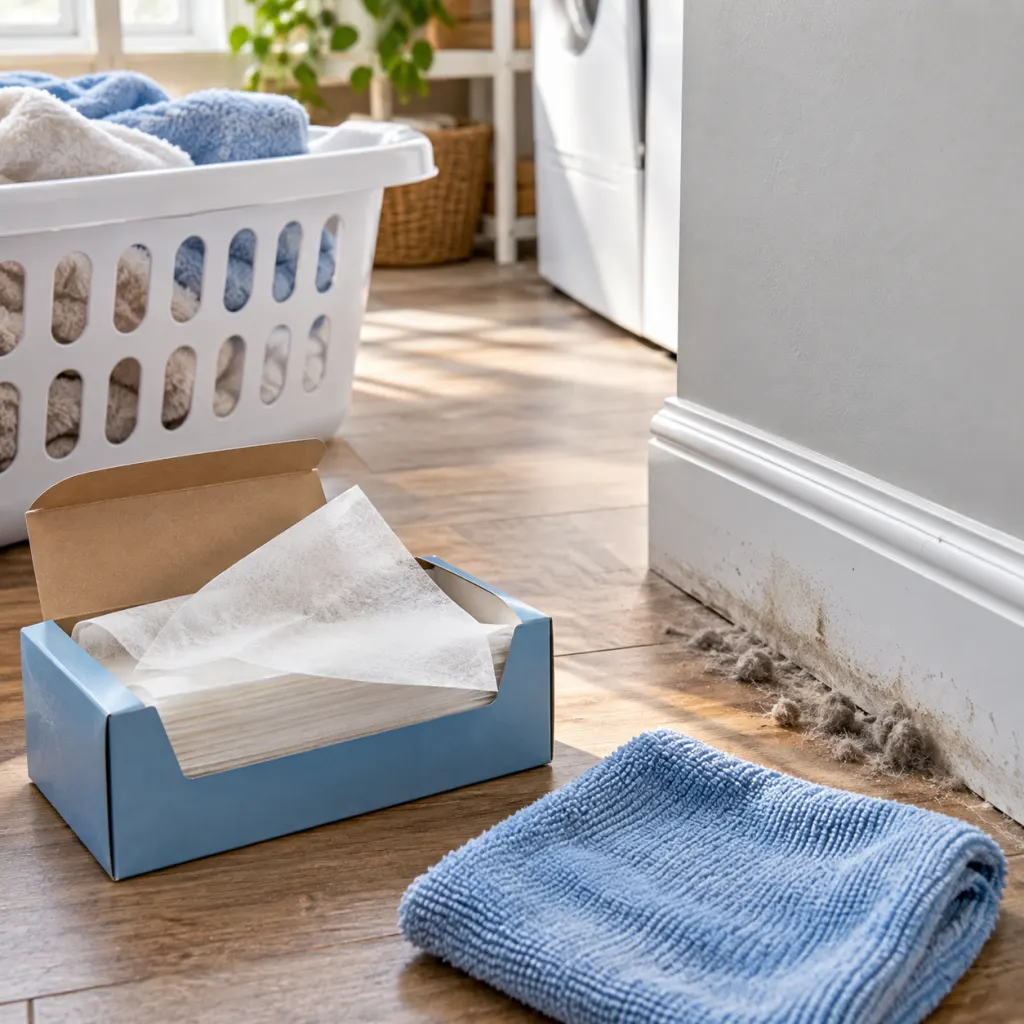 A tidy laundry-room scene with dryer sheets, a cloth, and a clean baseboard.