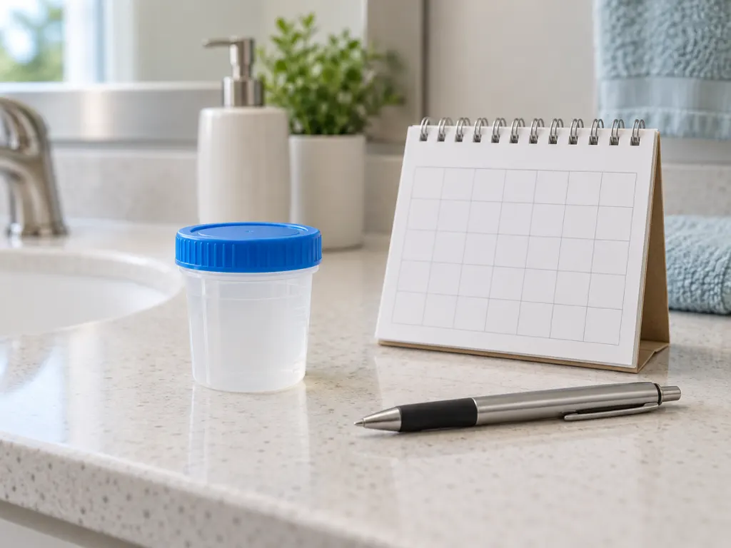 A clean bathroom counter with a sample cup, calendar, and pen suggesting symptom tracking.