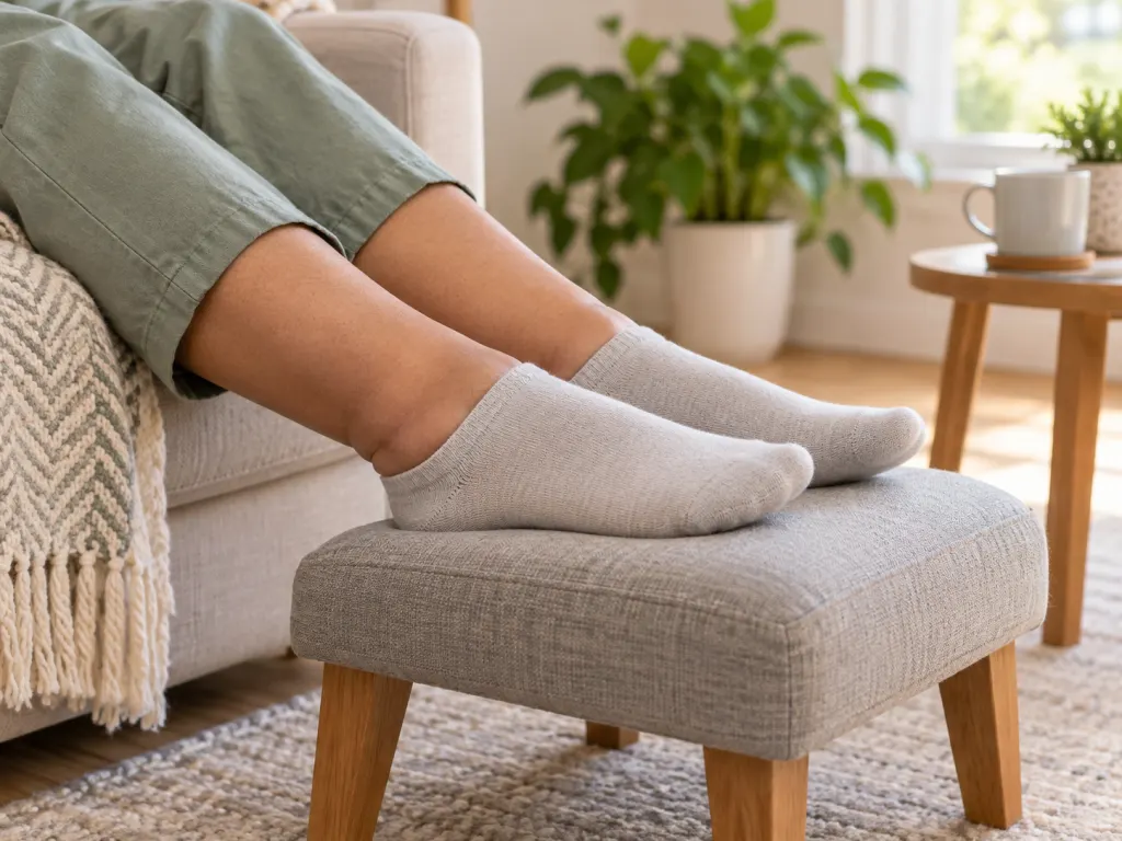 An educational illustration of feet and ankles resting on a stool with mild swelling implied.