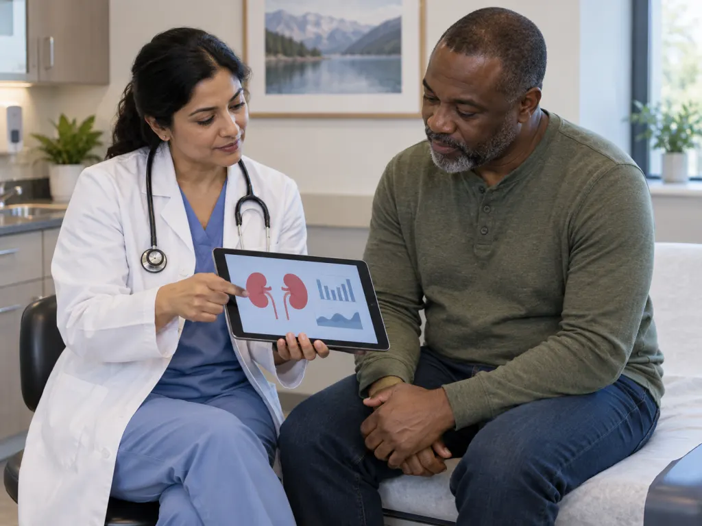 A doctor and patient discussing kidney-related test results on a tablet in a calm clinic room.