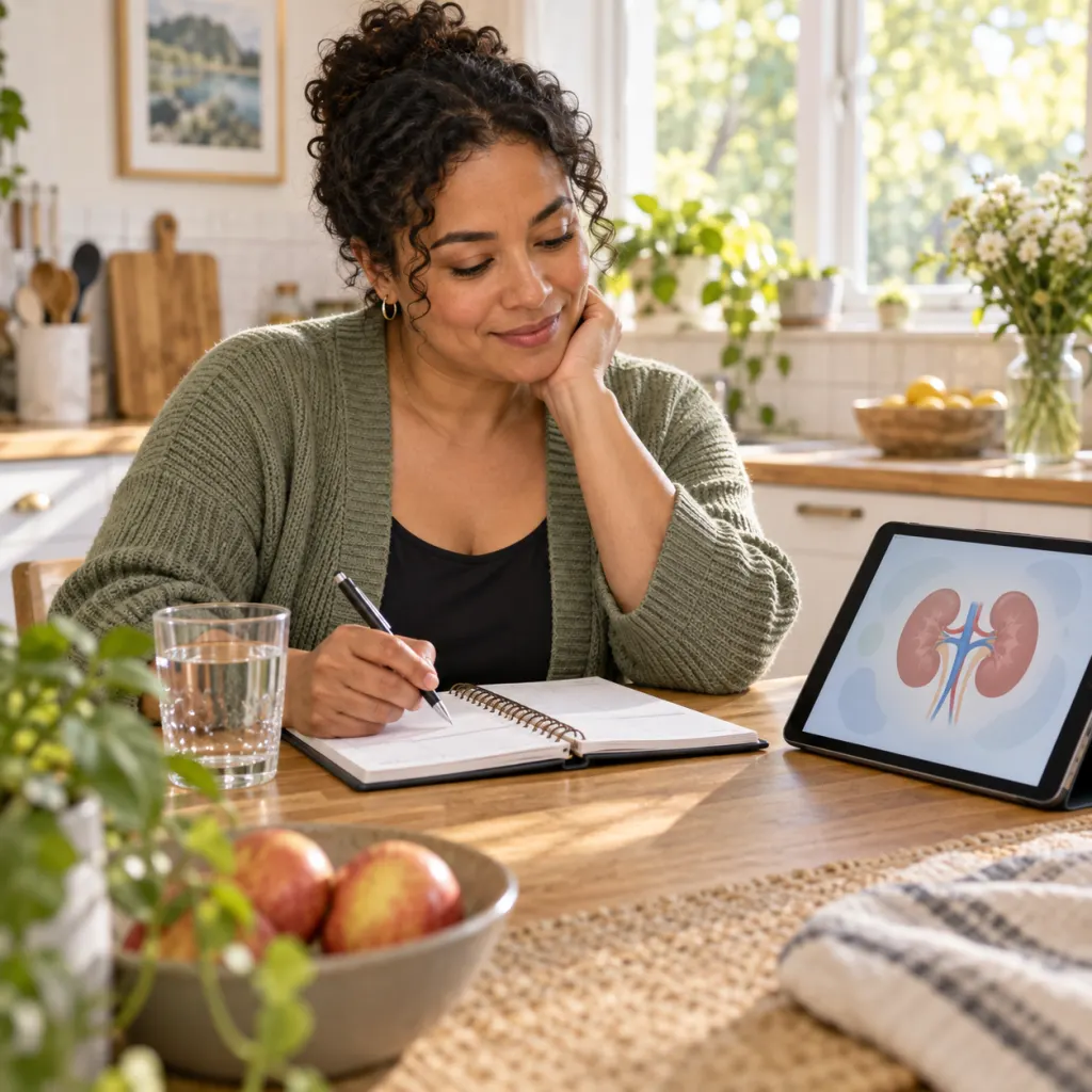 A person reviewing health notes beside a glass of water with a subtle kidney illustration on a tablet.