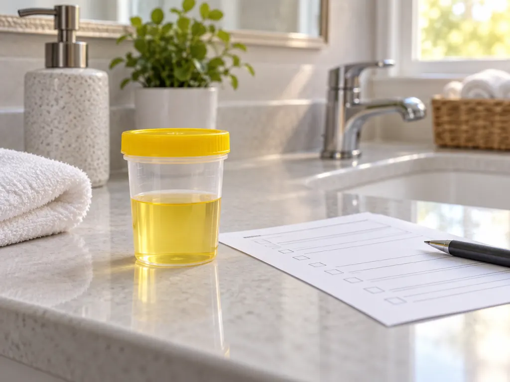Clean urine sample cup and lab materials on a bathroom counter.