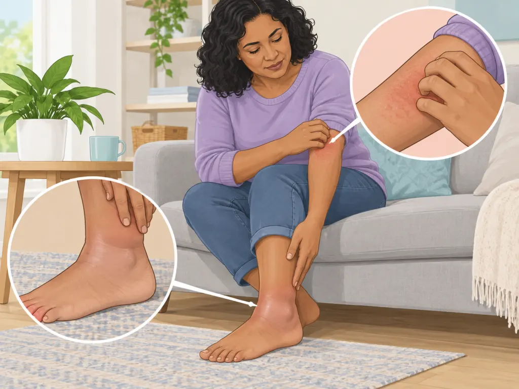 Adult seated at home with subtle cues for ankle swelling and itchy skin.