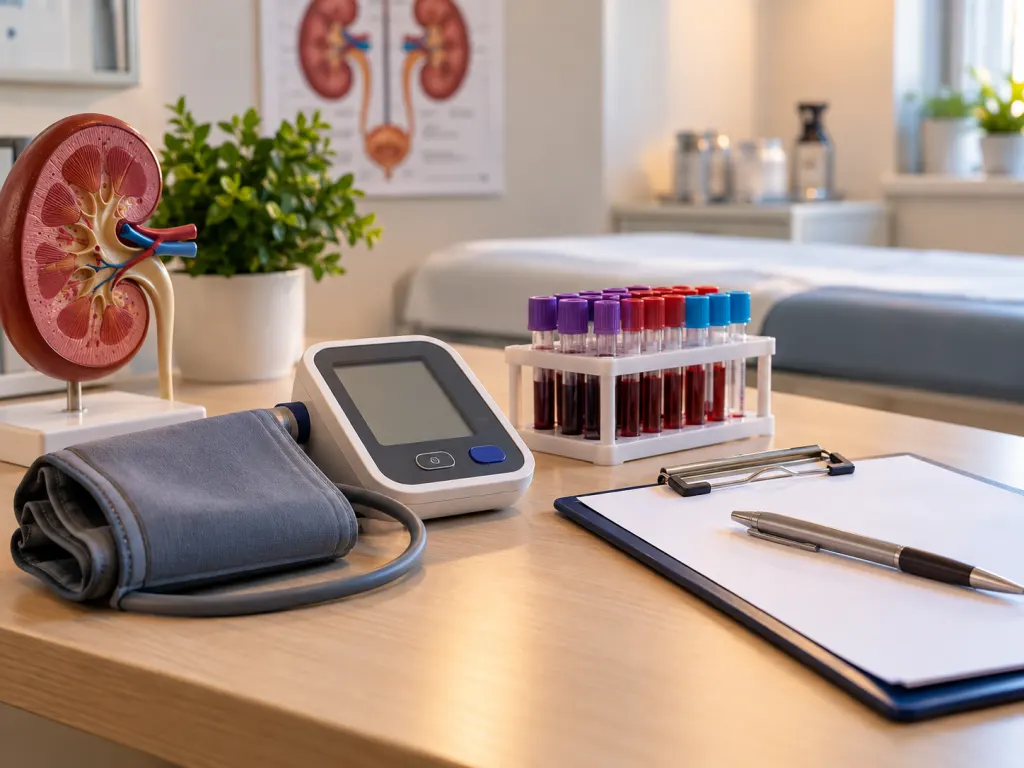 Clinic desk with blood pressure cuff and lab testing supplies.