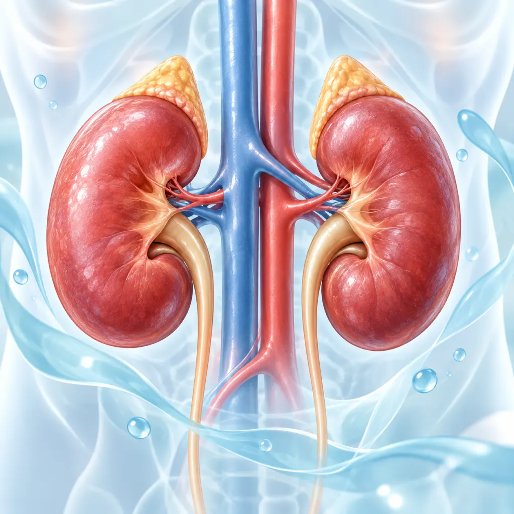 Calm illustration of kidneys with soft fluid shapes around them.