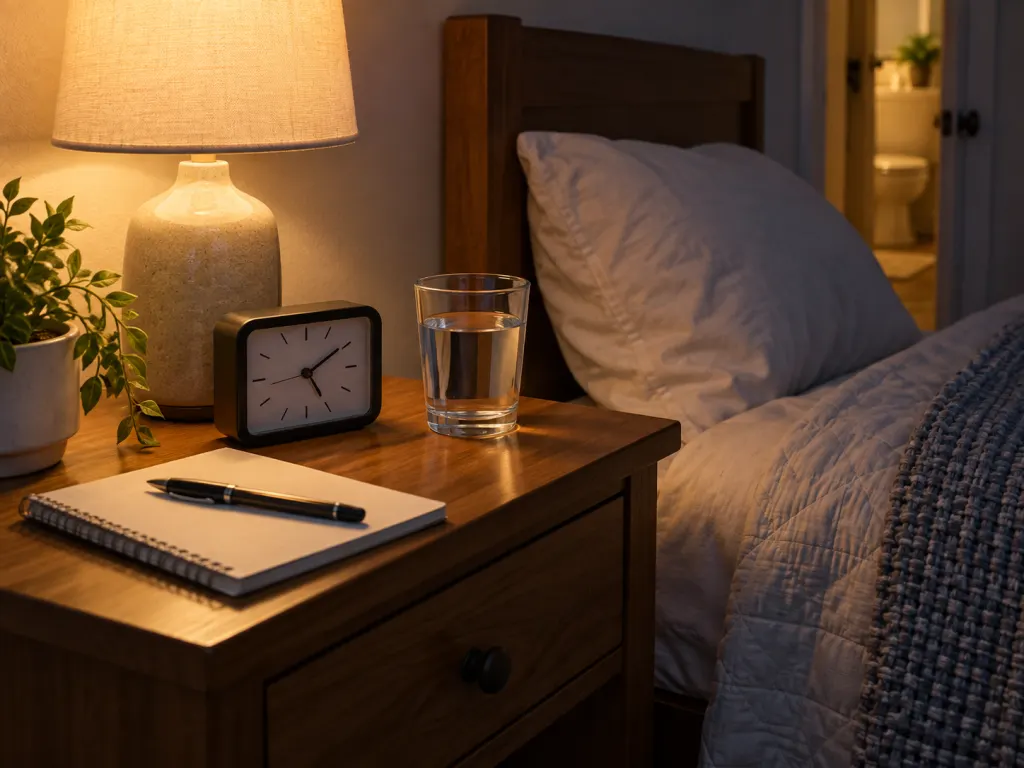 A bedside table with a clock, water glass, and diary for tracking nighttime patterns.