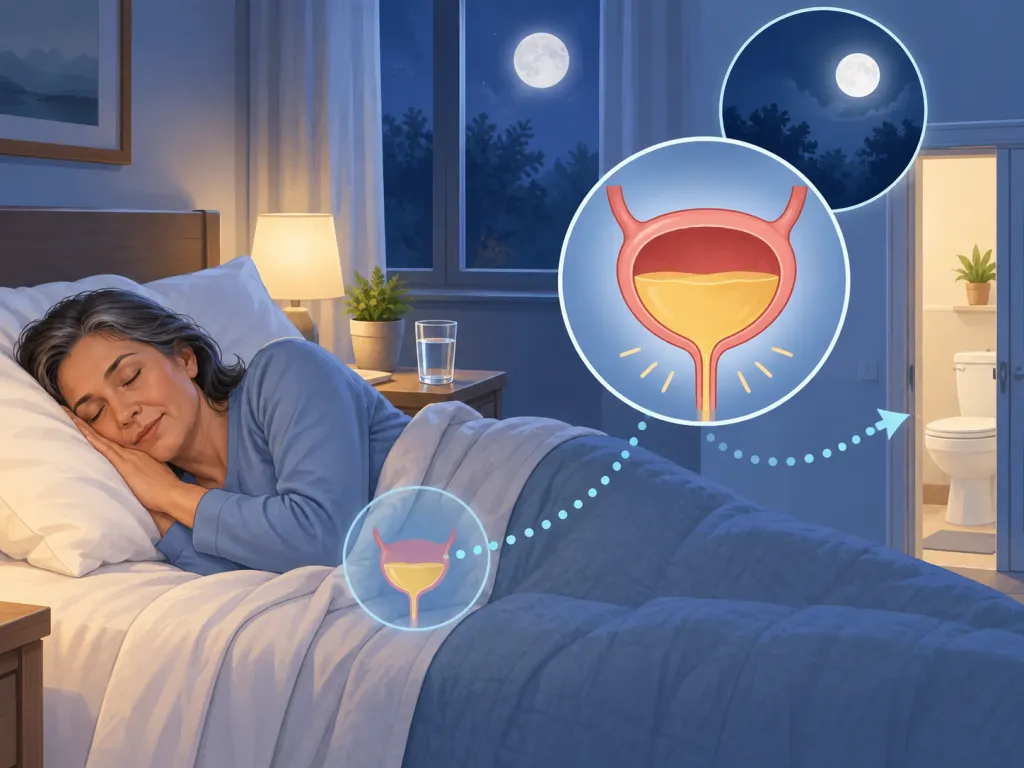 A calm illustration connecting sleep and bladder signals during the night.