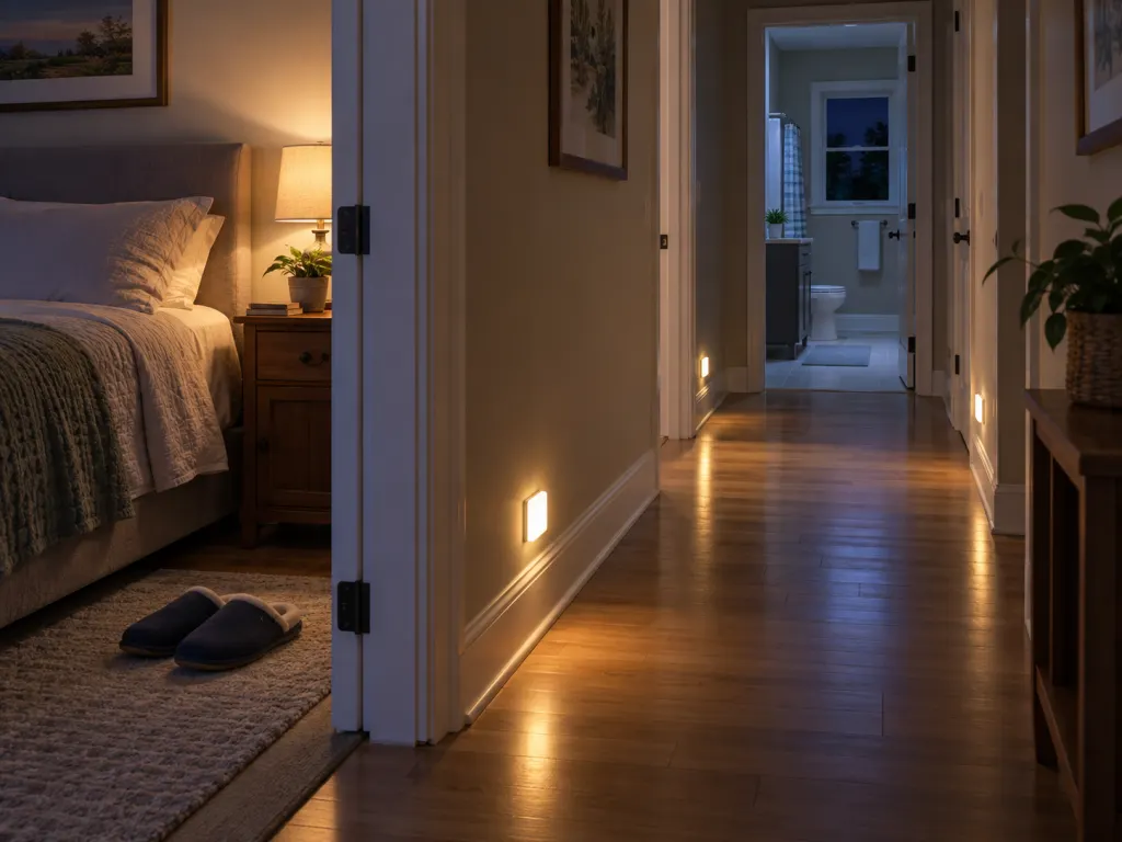 A tidy night-lit path from bedroom to bathroom with clear flooring and slippers.