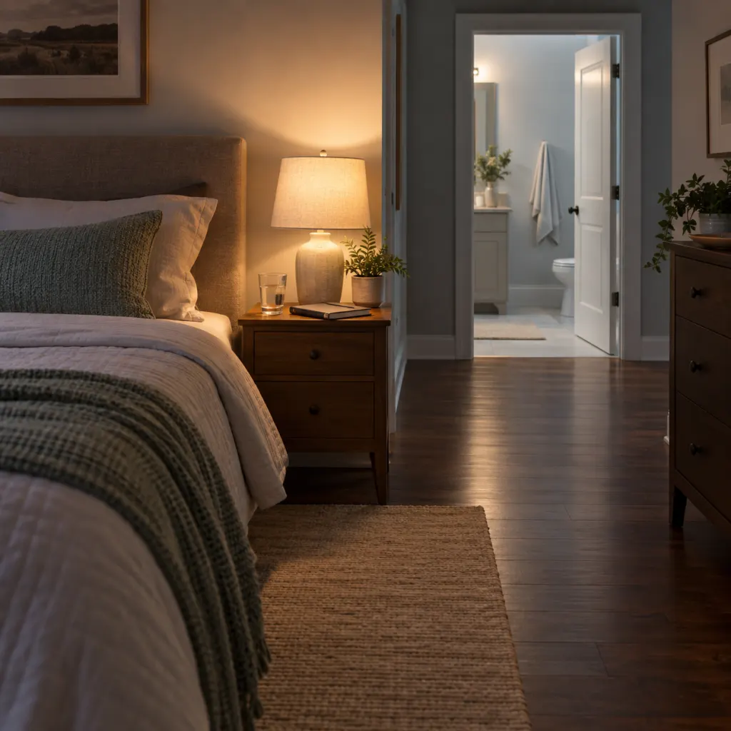 A softly lit bedroom at night with a bedside notebook and clear path toward the bathroom.