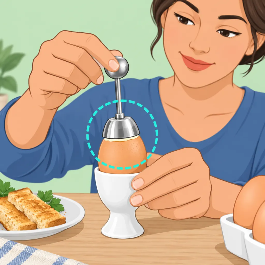 Illustration of a person using an egg topper cutter on an egg in an egg cup.