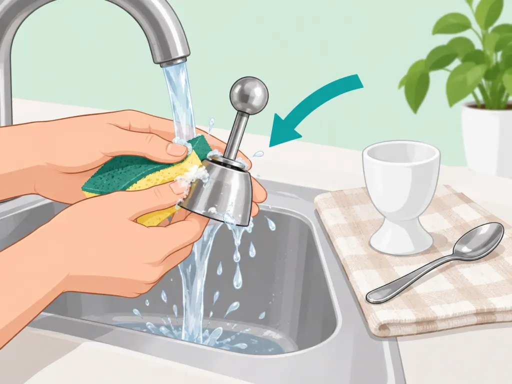 Hands washing an egg topper cutter before use.
