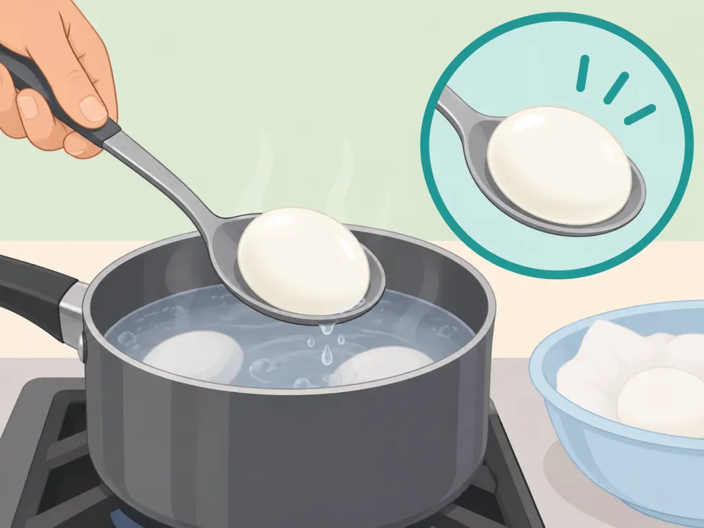 A cooked egg being lifted from a pot with a spoon.