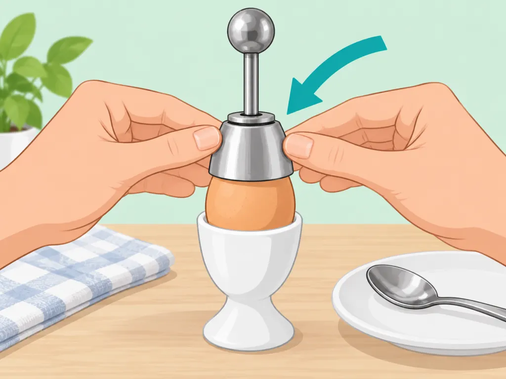 Hands centering an egg topper cutter over the top of an egg.